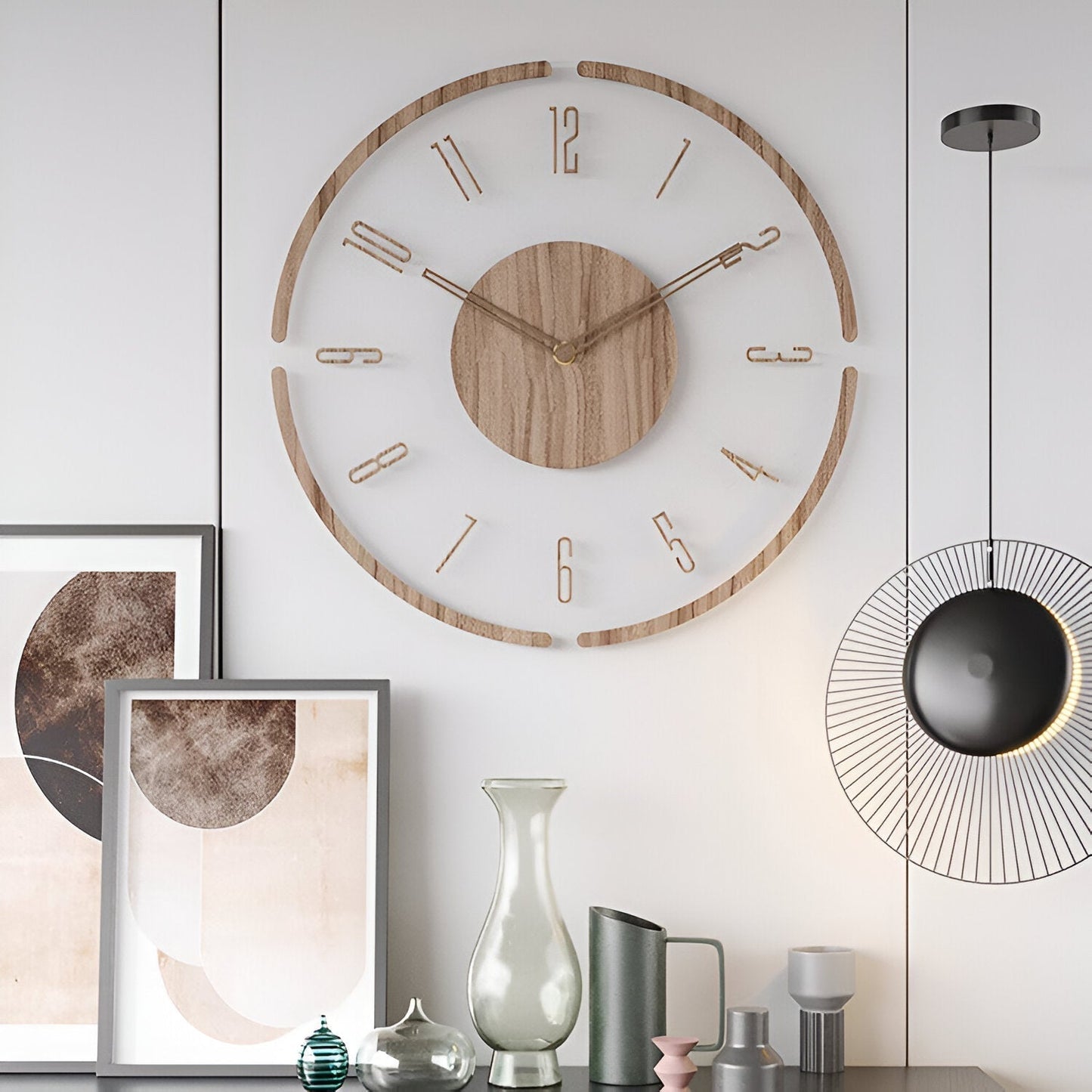 ClearWood Transparante Wandklok – Geruisloos Quartz met Houten Details