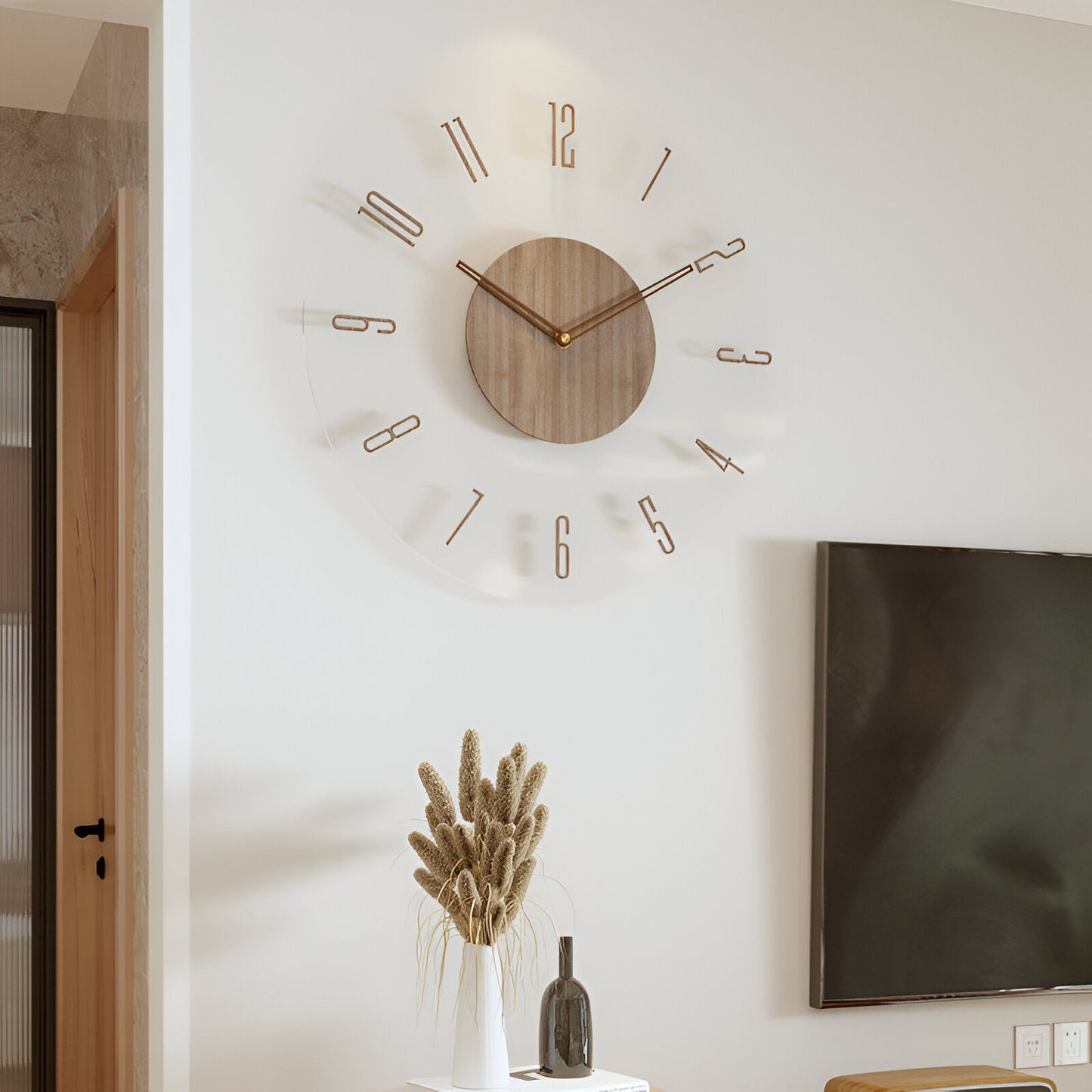 ClearWood Transparante Wandklok – Geruisloos Quartz met Houten Details