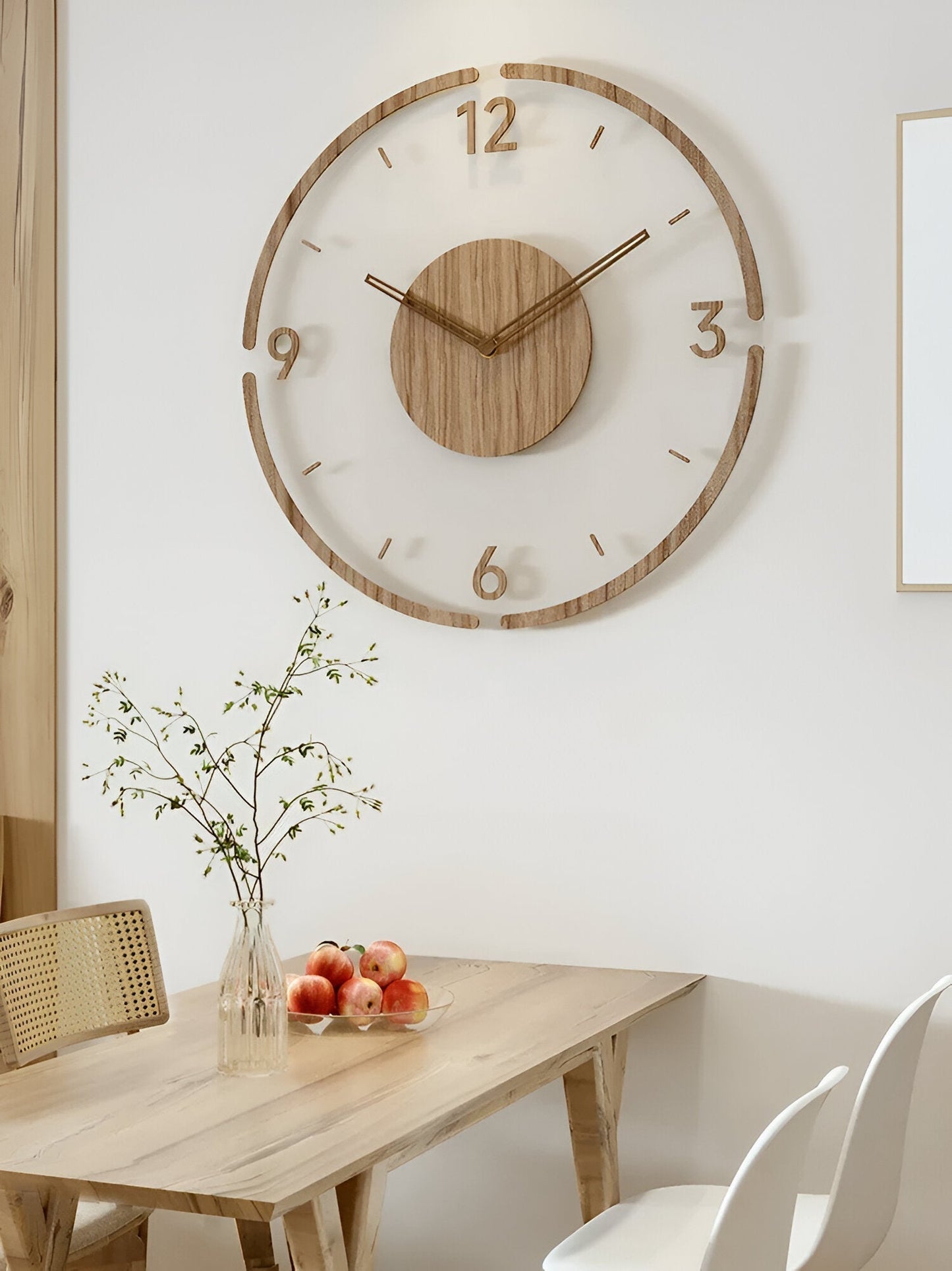 ClearWood Transparante Wandklok – Geruisloos Quartz met Houten Details