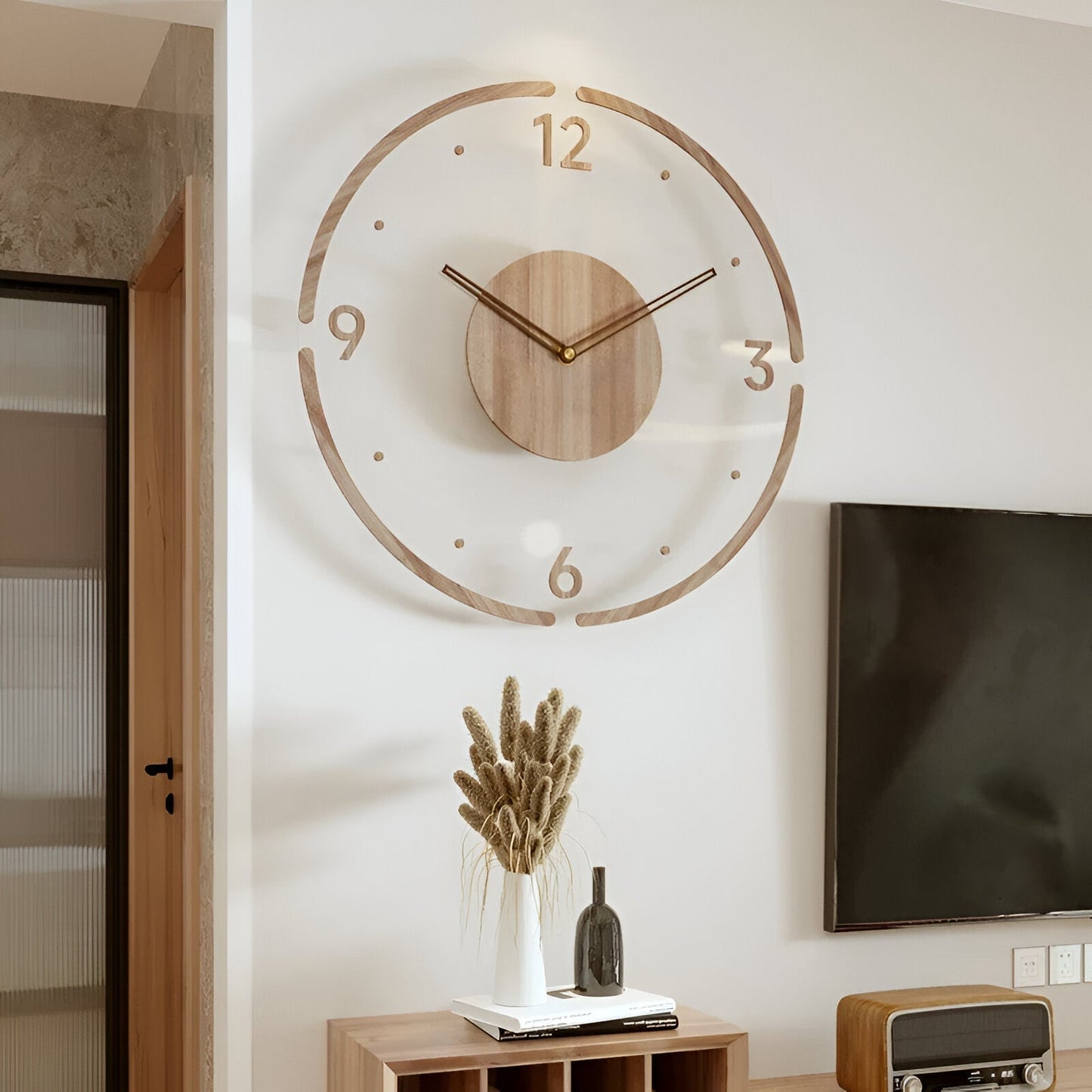ClearWood Transparante Wandklok – Geruisloos Quartz met Houten Details
