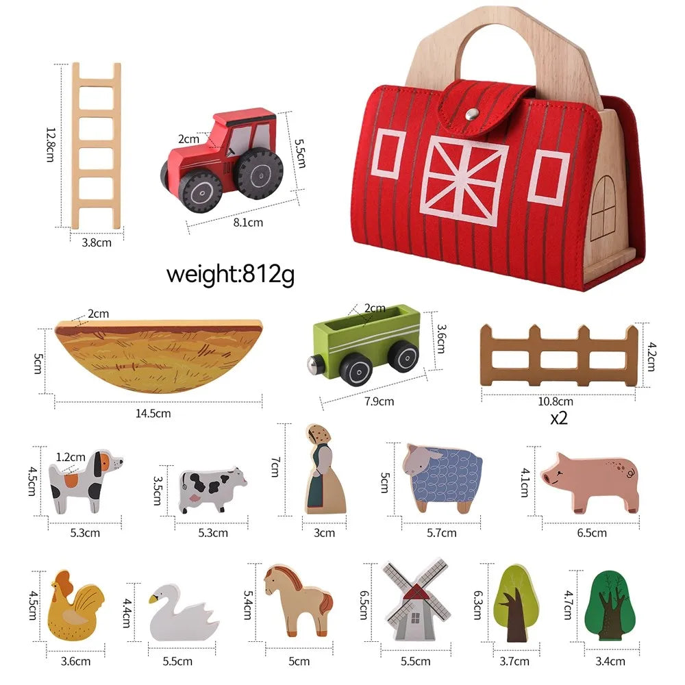 Houten Boerderij Speelset – Creatieve Bouwset met Dieren, Veilig Hout met Niet-Giftige Verf – 18 Onderdelen