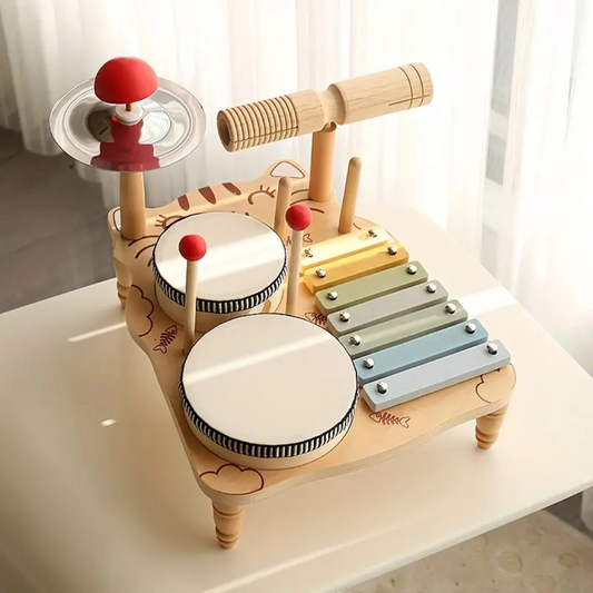 Houten Drumstel – Educatief Muziekspeelgoed met Xylofoon en Instrumenten – Stimuleert Motoriek en Ritme