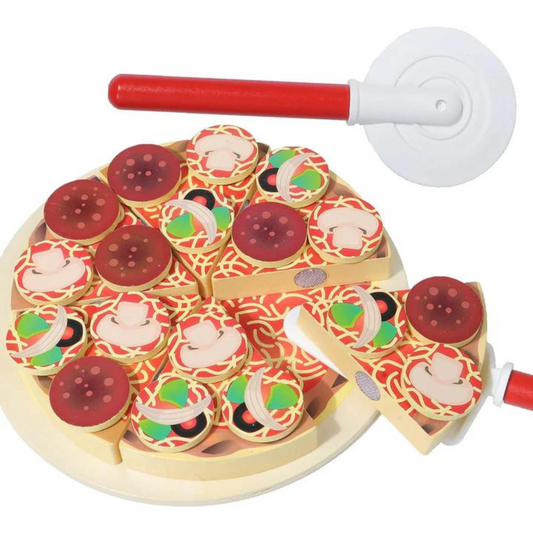 Houten Pizza Speelset – Educatief Rollenspel met 6 Pizzapunten en Toppings – Duurzaam Hout