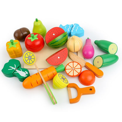 Houten Speelvoedsel Set – Educatief Koken met Veilig Beukenhout, 13 Stukjes Inclusief Snijplank en Messen