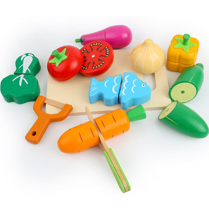 Houten Speelvoedsel Set – Educatief Koken met Veilig Beukenhout, 13 Stukjes Inclusief Snijplank en Messen