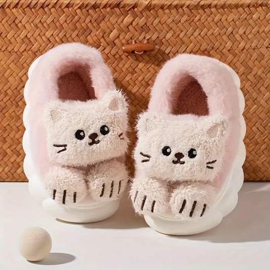 Kinder Sloffen – Zacht Pluche, Antislip Zool, Schattig Kattenmotief – Ideaal voor Binnen Gebruik