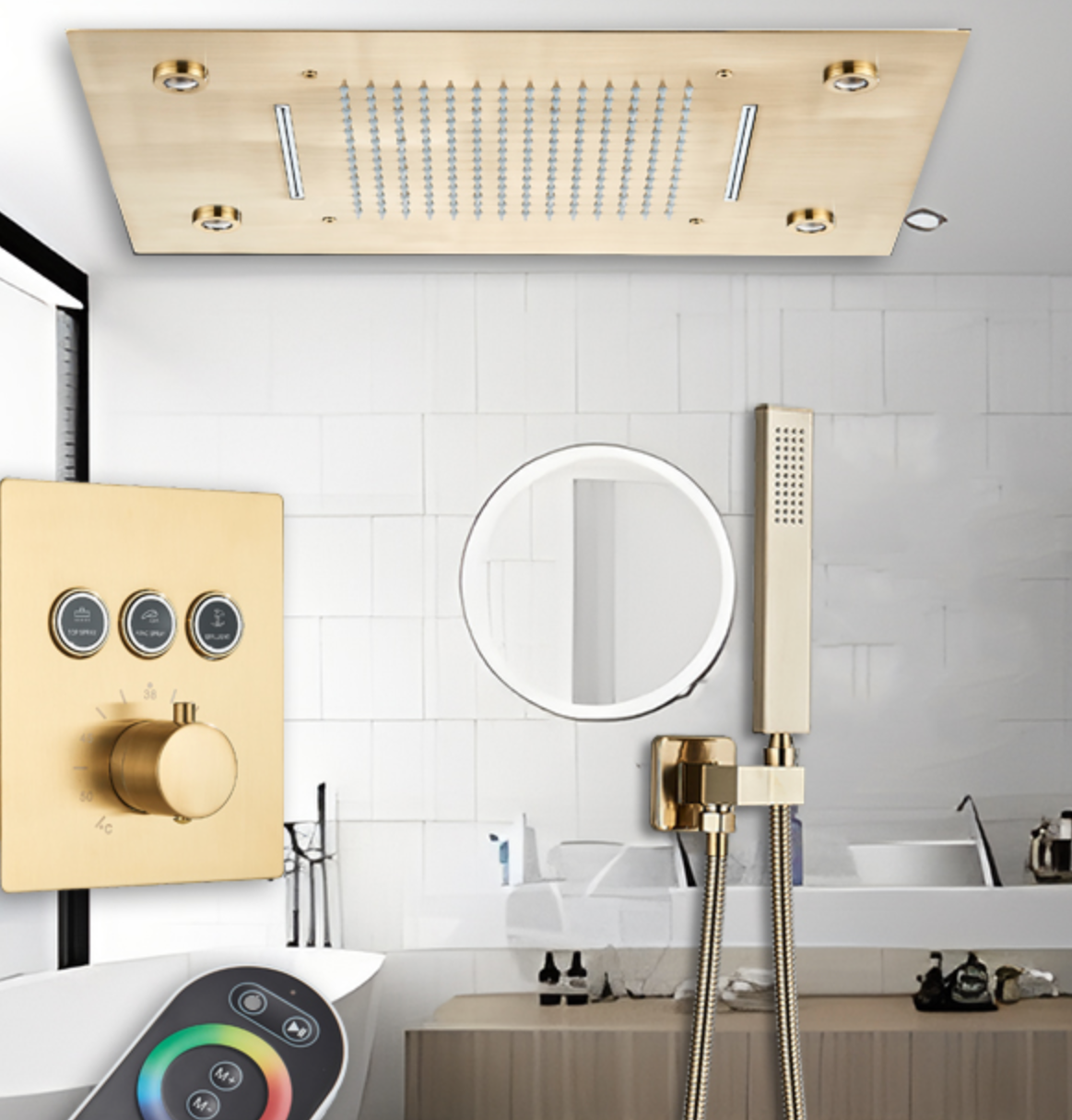 VoordeelPaleis® SmartPulse Plafond Thermostatische Komplete Doucheset Alicante 3 weg Inbouw Plafond LED regendouche La Paz Goud Geborsteld