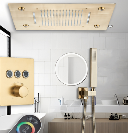 VoordeelPaleis® SmartPulse Plafond Thermostatische Komplete Doucheset Alicante 3 weg Inbouw Plafond LED regendouche La Paz Goud Geborsteld