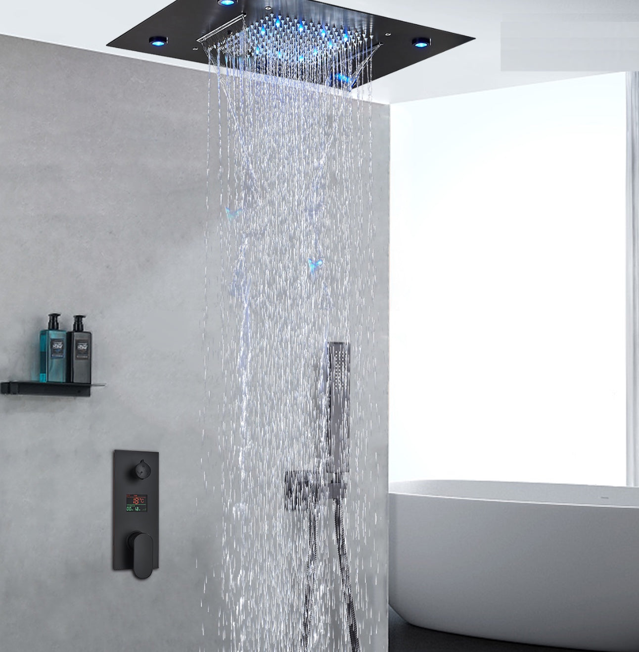 VoordeelPaleis® SmartPulse Plafond Thermostatische Doucheset Manhattan LCD 3 weg Inbouw Plafond LED regendouche La Paz Mat Zwart