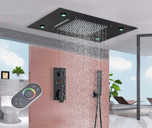 VoordeelPaleis® Digitale Doucheset Manhattan Premium de Luxe 3 weg LCD regendouche met LED Plafond Inbouwdouche unit 50 x 35 cm. Mat Zwart