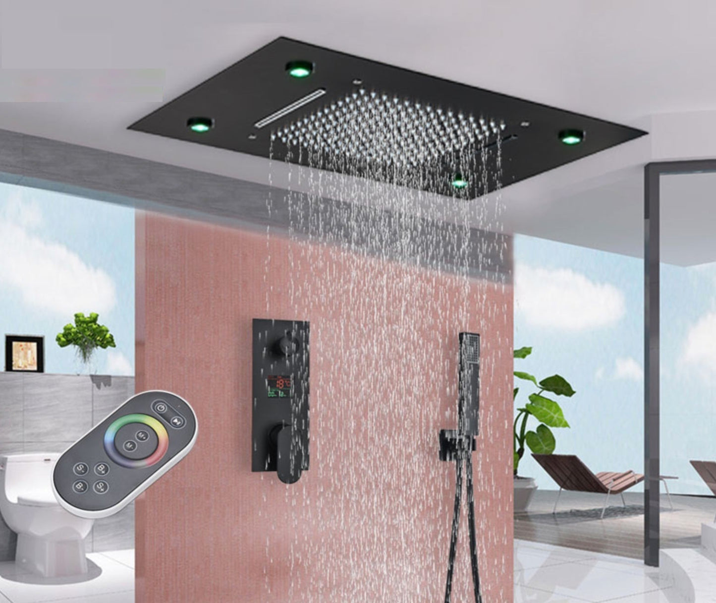 VoordeelPaleis® SmartPulse Plafond Thermostatische Doucheset Manhattan LCD 3 weg Inbouw Plafond LED regendouche La Paz Mat Zwart