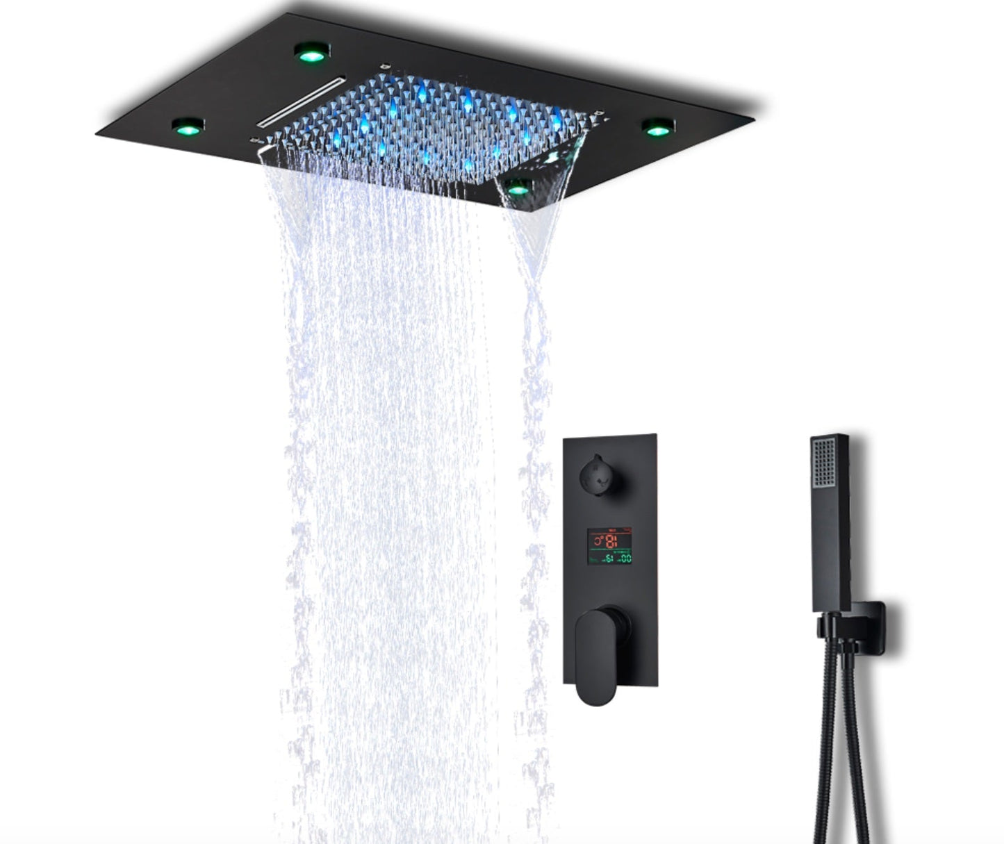 VoordeelPaleis® SmartPulse Plafond Thermostatische Doucheset Manhattan LCD 3 weg Inbouw Plafond LED regendouche La Paz Mat Zwart