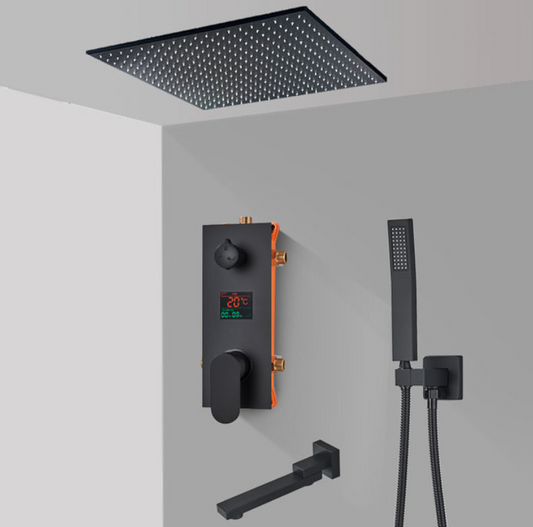 SaniSupreme Doucheset Manhattan Premium de Luxe LCD 50 cm plafond regendouche vierkant 3-weg zwart inbouw