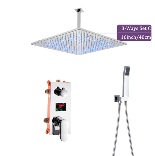 VoordeelPaleis® Doucheset Manhattan Premium de Luxe LCD 16 inch LED Plafond regendouche vierkant 2-weg chroom inbouw