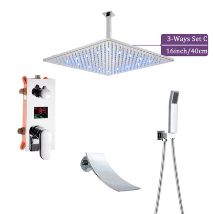 VoordeelPaleis® Doucheset Manhattan Premium de Luxe Plafond Waterval LCD 40 cm LED regendouche vierkant 3-weg chroom inbouw