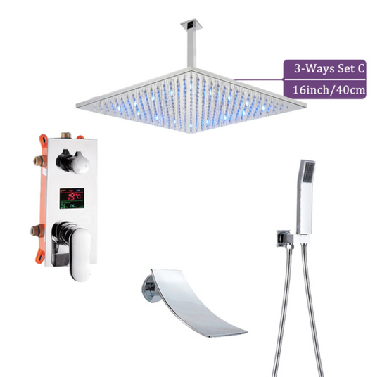 VoordeelPaleis® Doucheset Manhattan Premium de Luxe Plafond Waterval LCD 40 cm LED regendouche vierkant 3-weg chroom inbouw