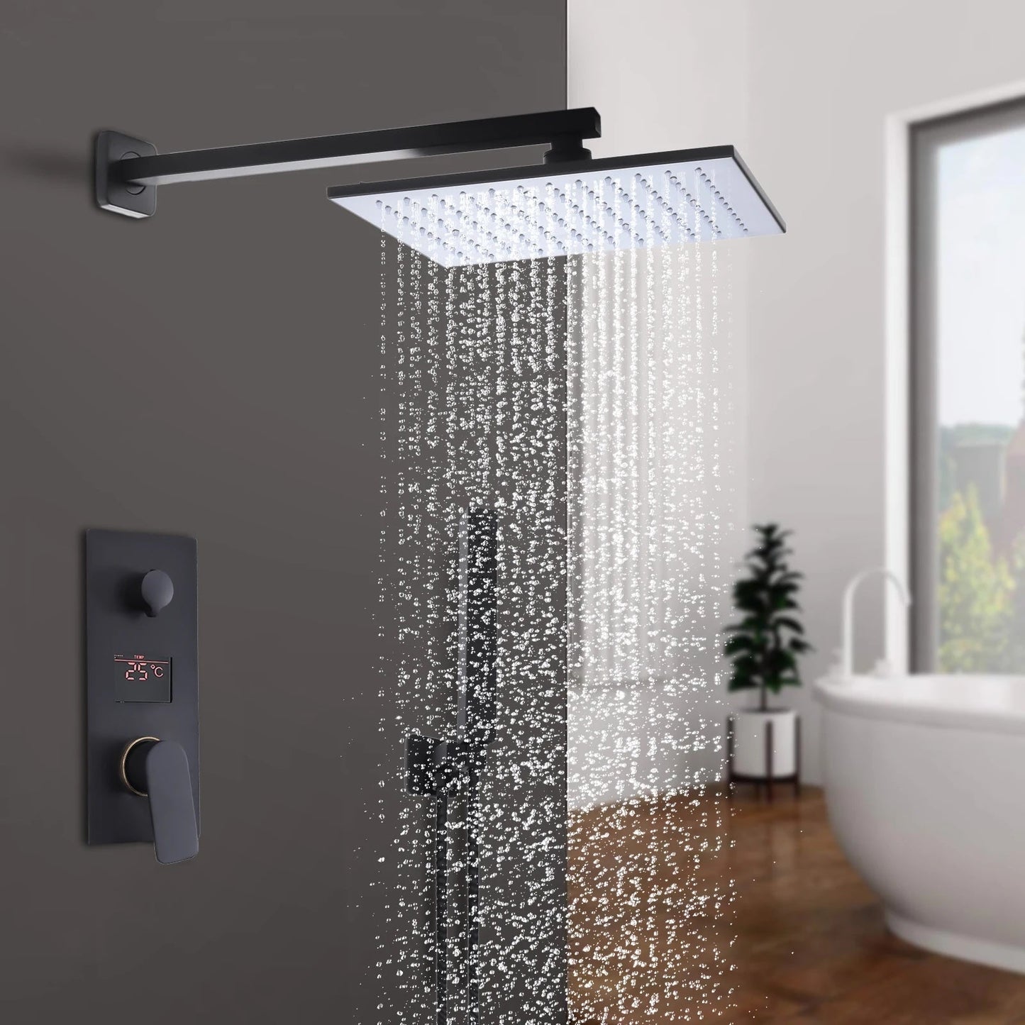 VoordeelPaleis® Doucheset New York Ultimate Wellness LCD 12 inch regendouche met LED vierkant 2-weg zwart inbouw