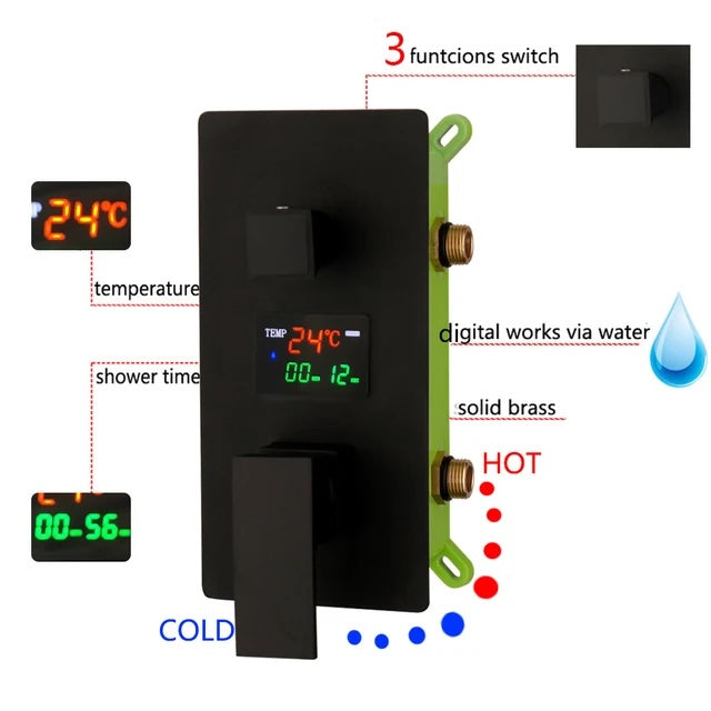 VoordeelPaleis® Doucheset New York Ultimate Wellness LCD 12 inch regendouche met LED vierkant 2-weg zwart inbouw