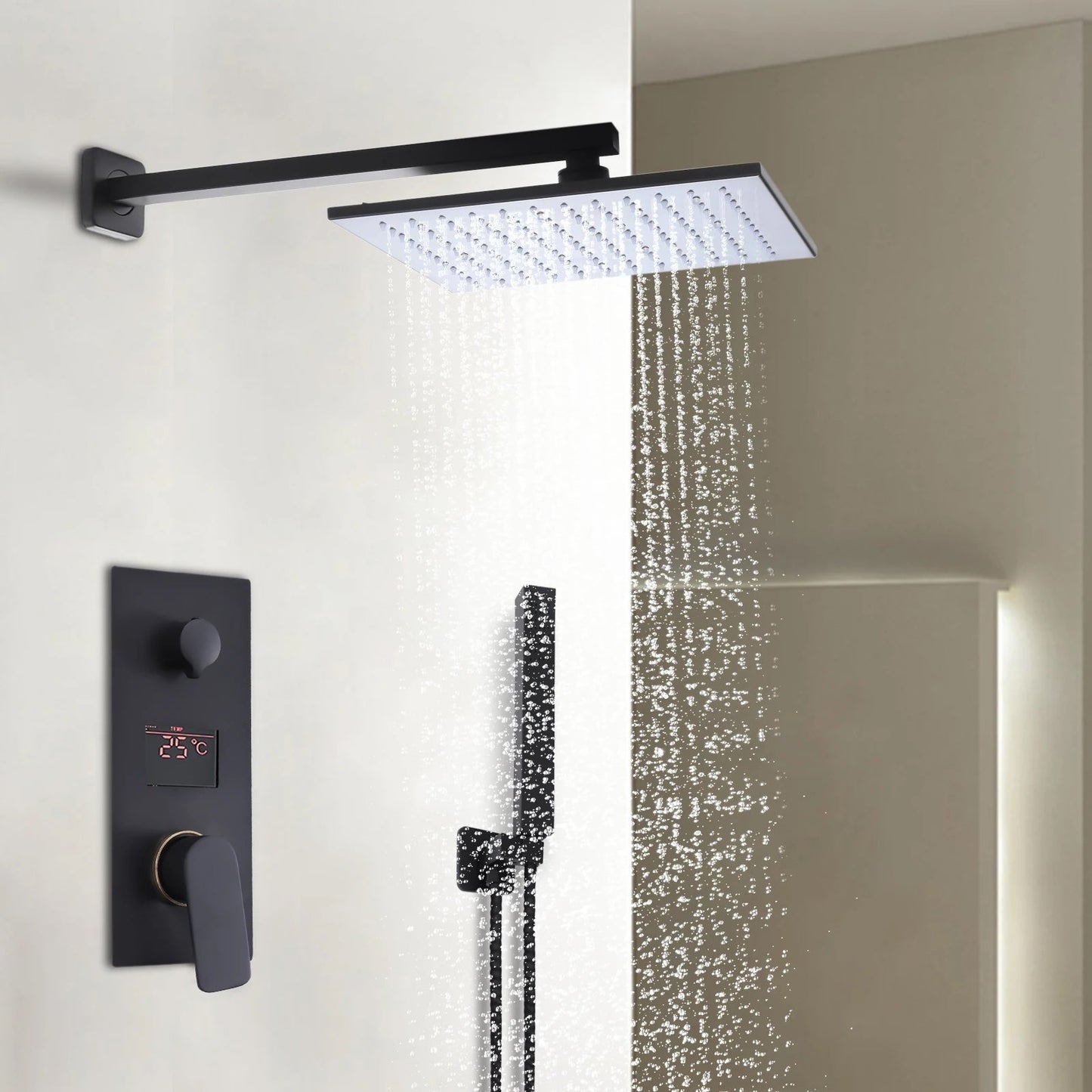 VoordeelPaleis® Doucheset New York Ultimate Wellness LCD 12 inch regendouche met LED vierkant 2-weg zwart inbouw