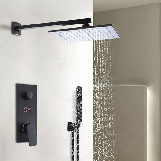 VoordeelPaleis® Doucheset New York Ultimate Wellness LCD 12 inch regendouche met LED vierkant 2-weg zwart inbouw