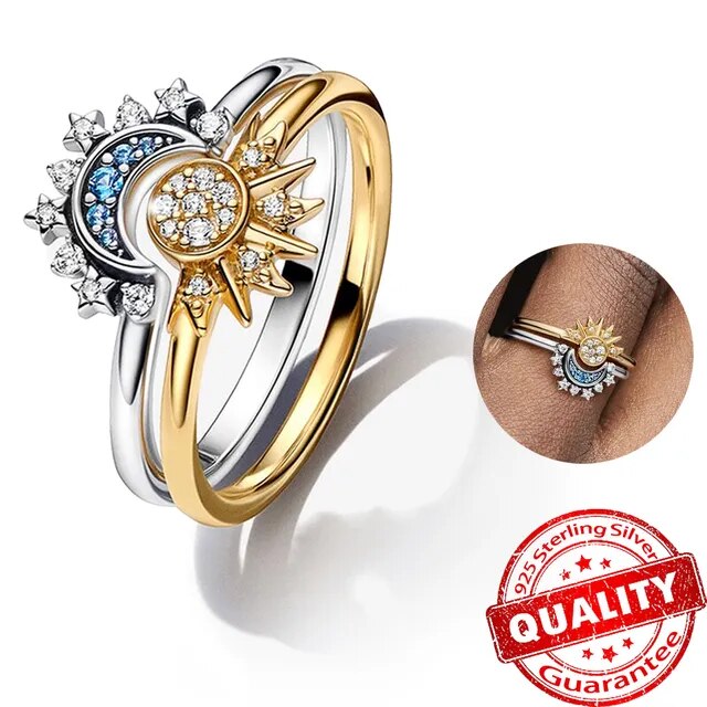 Lunara ZonneMaan Ringenset – 925 Zilver en Kristal met Hemels Design voor Vrouwen