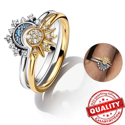 Lunara ZonneMaan Ringenset – 925 Zilver en Kristal met Hemels Design voor Vrouwen