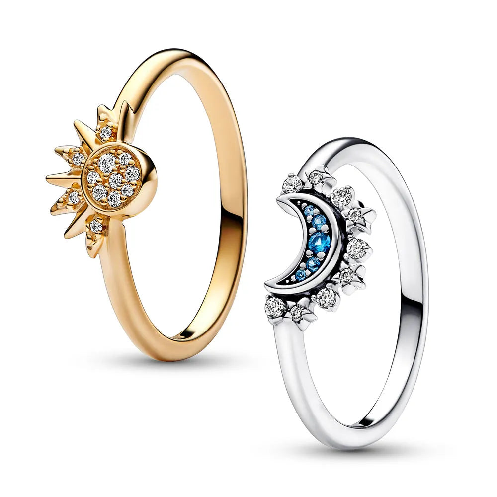 Lunara ZonneMaan Ringenset – 925 Zilver en Kristal met Hemels Design voor Vrouwen