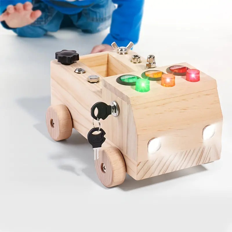 Houten Bus – Educatief Speelbord van Multiplex met LED's en Interactieve Functies voor Kinderen