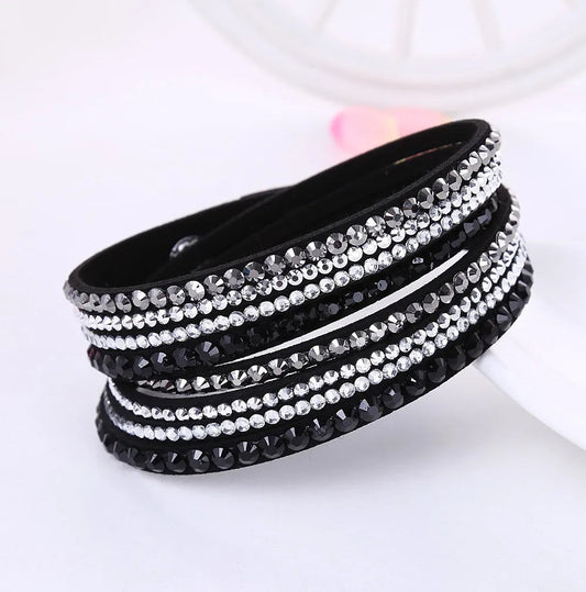 GlansWrap Wikkelarmband – Luxe Meerlaagse Leren Armband met Rhinestones