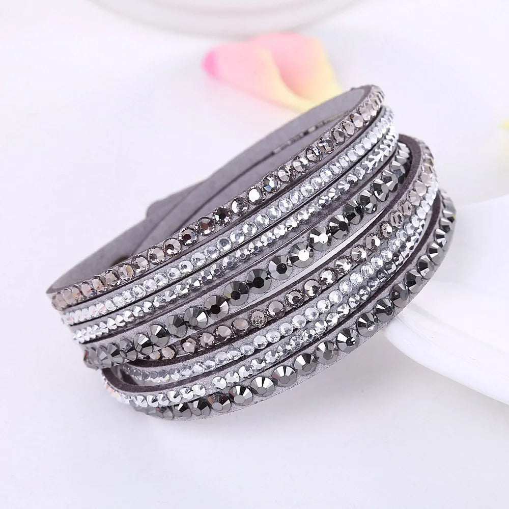 GlansWrap Wikkelarmband – Luxe Meerlaagse Leren Armband met Rhinestones