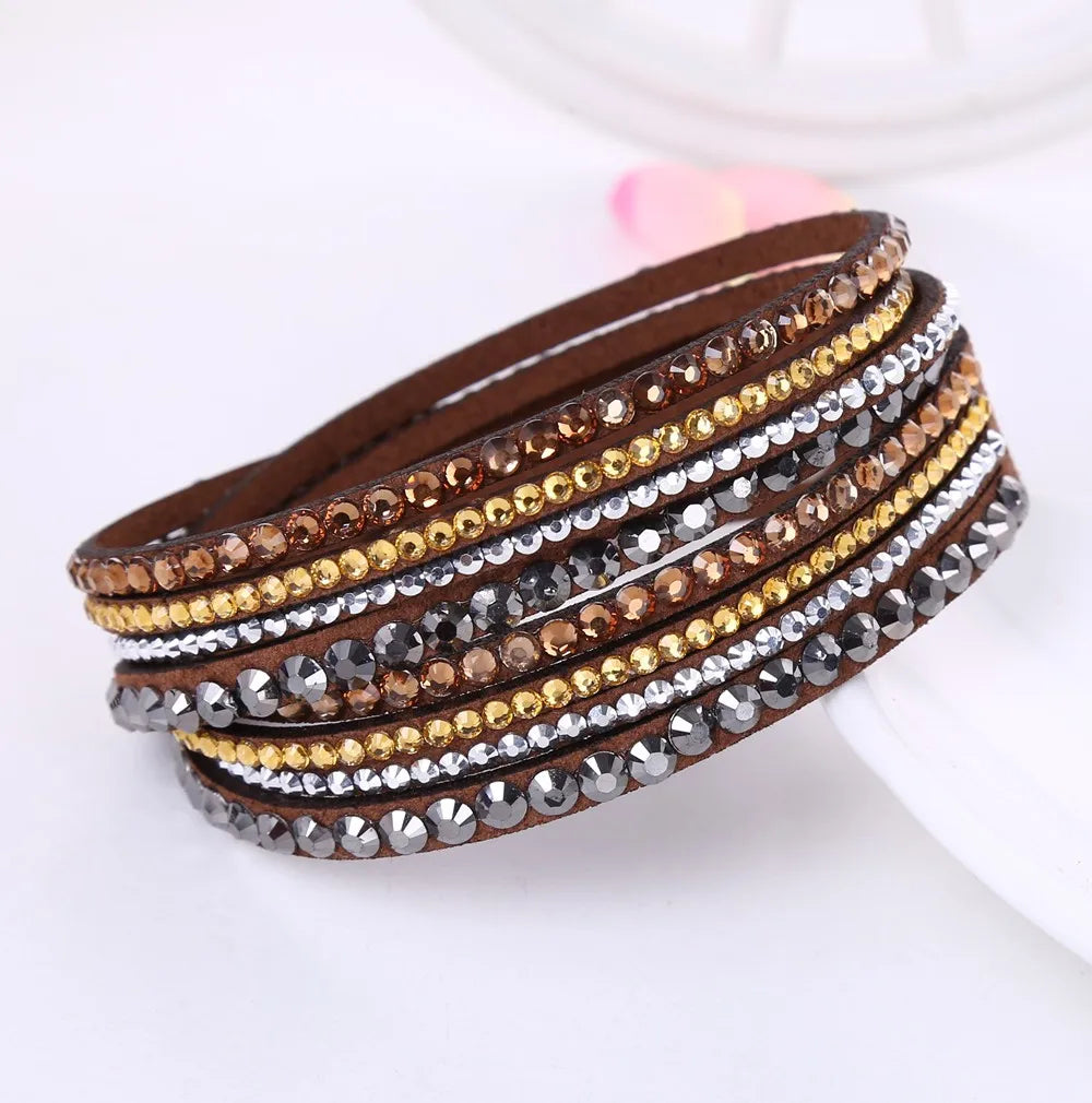 GlansWrap Wikkelarmband – Luxe Meerlaagse Leren Armband met Rhinestones