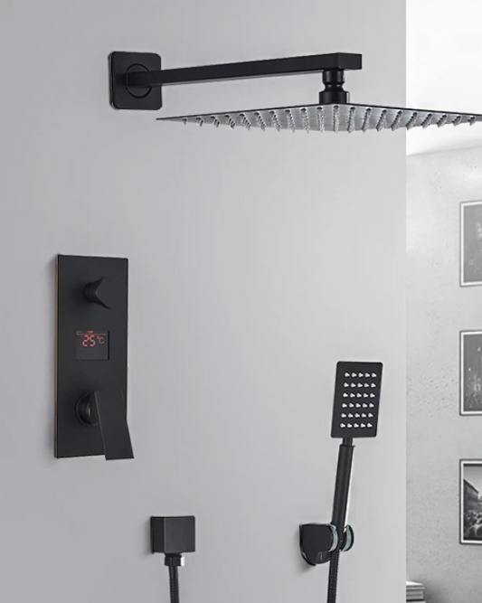 SaniSupreme Doucheset Manhattan Premium de Luxe LCD 30 cm. regendouche vierkant 2-weg zwart inbouw