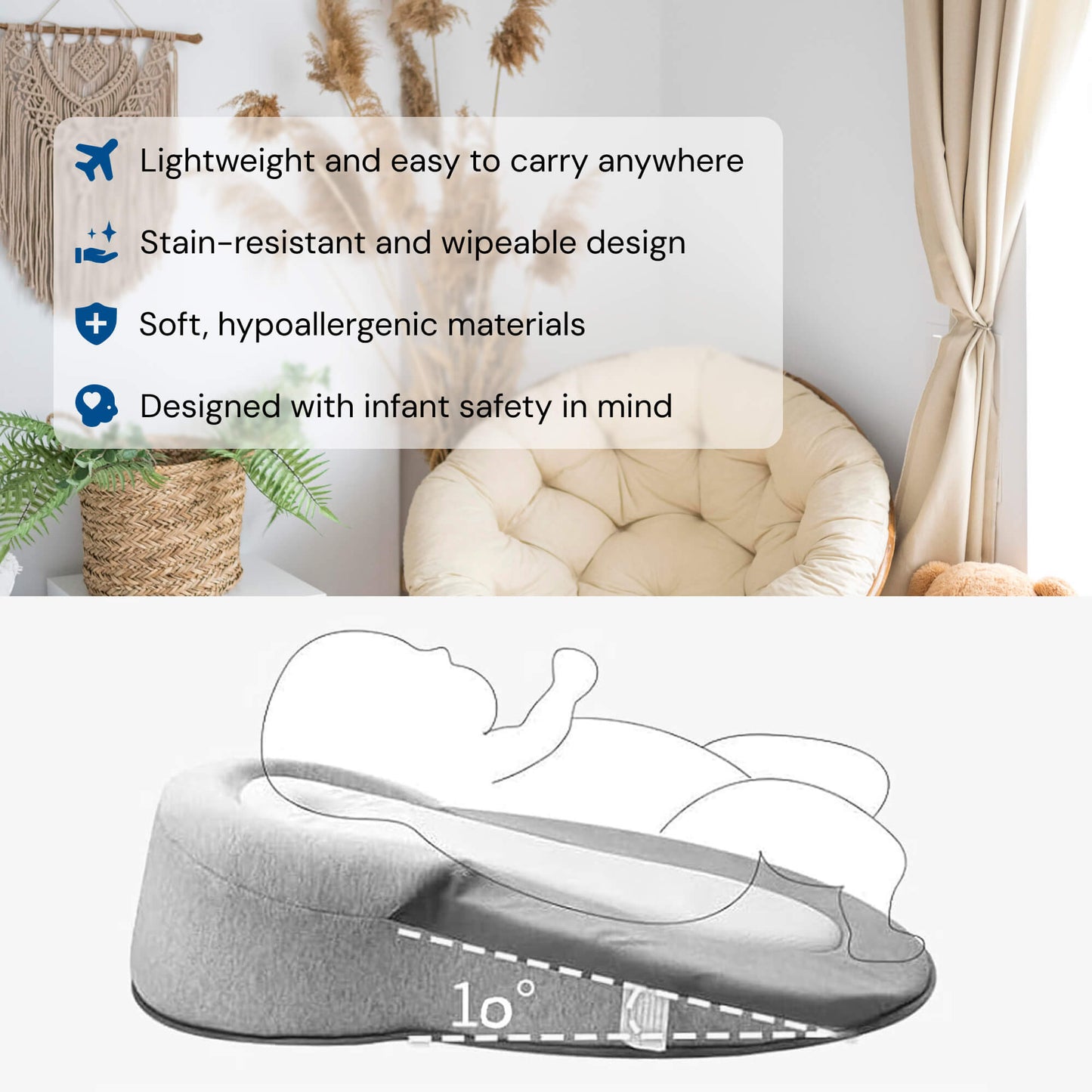 BabyComfort Hellend Reflux Kussen – Draagbaar Slaapnest 0–12 Maanden