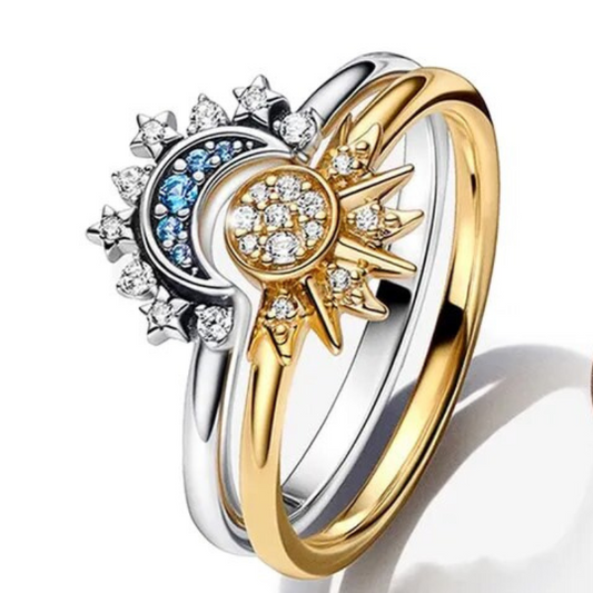 Lunara ZonneMaan Ringenset – 925 Zilver en Kristal met Hemels Design voor Vrouwen
