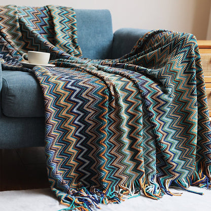 Boho Chevron Dekbedovertrek – Handgeweven – Met Franjes – Warme Aardetinten