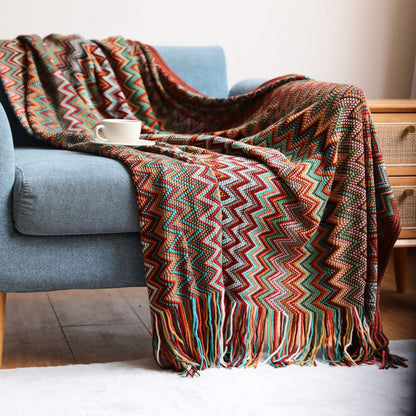 Boho Chevron Dekbedovertrek – Handgeweven – Met Franjes – Warme Aardetinten