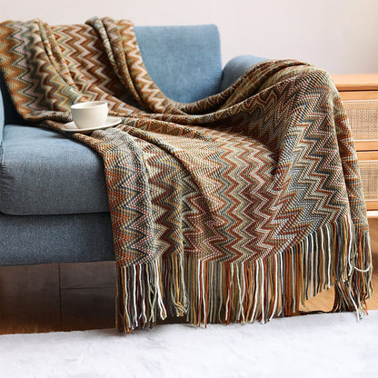 Boho Chevron Dekbedovertrek – Handgeweven – Met Franjes – Warme Aardetinten