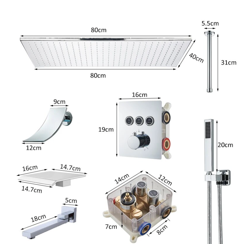 VoordeelPaleis® SmartPulse Plafond Thermostatische Doucheset 3 weg Waterval 40x80 cm regendouche Chroom Glans