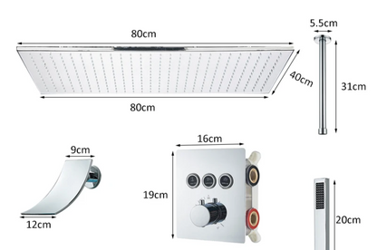 VoordeelPaleis® SmartPulse Plafond Thermostatische Doucheset 3 weg Waterval 40x80 cm regendouche Chroom Glans
