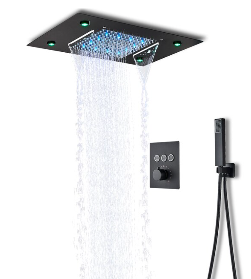 VoordeelPaleis® Digitale Doucheset Manhattan Premium de Luxe 3 weg LCD regendouche met LED Plafond Inbouwdouche unit 50 x 35 cm. Mat Zwart