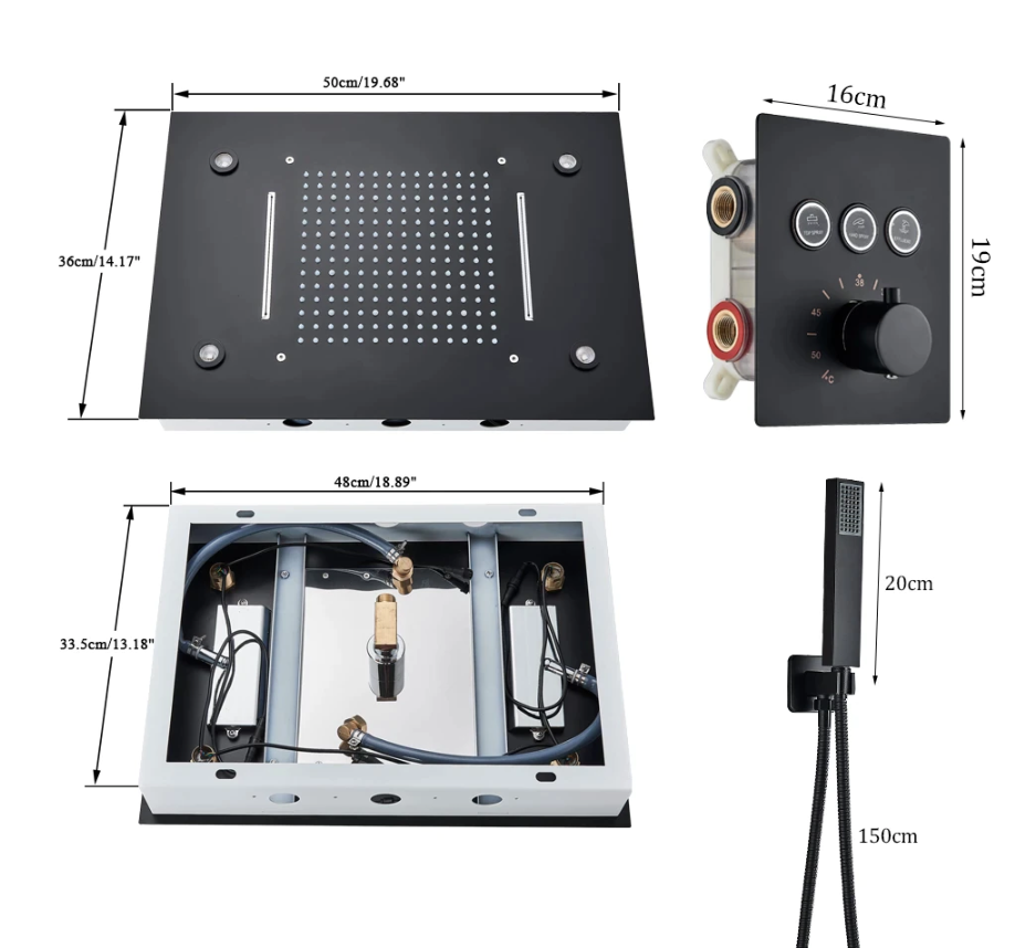 VoordeelPaleis® SmartPulse Plafond Thermostatische Doucheset Alicante 3 weg Inbouw Plafond LED regendouche La Paz Mat Zwart