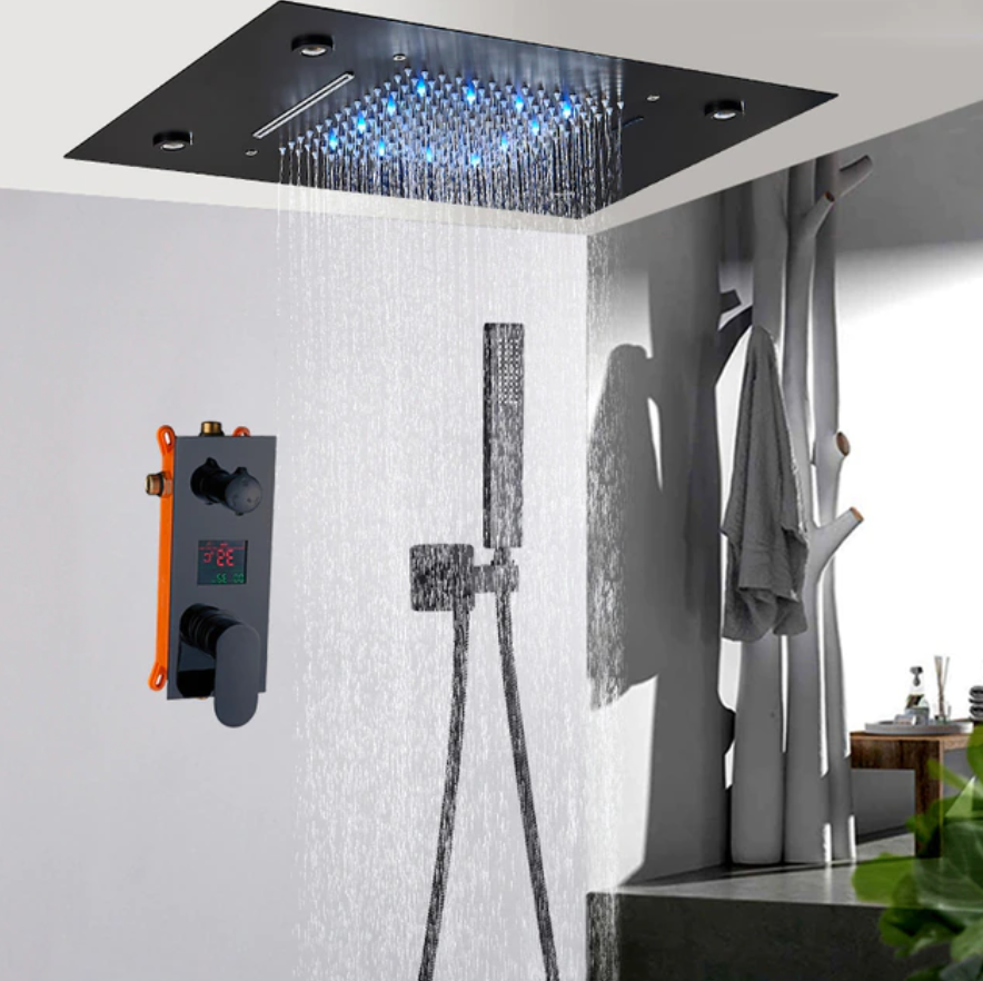 VoordeelPaleis® Digitale Doucheset Manhattan Premium de Luxe 3 weg LCD regendouche met LED Plafond Inbouwdouche unit 50 x 35 cm. Mat Zwart