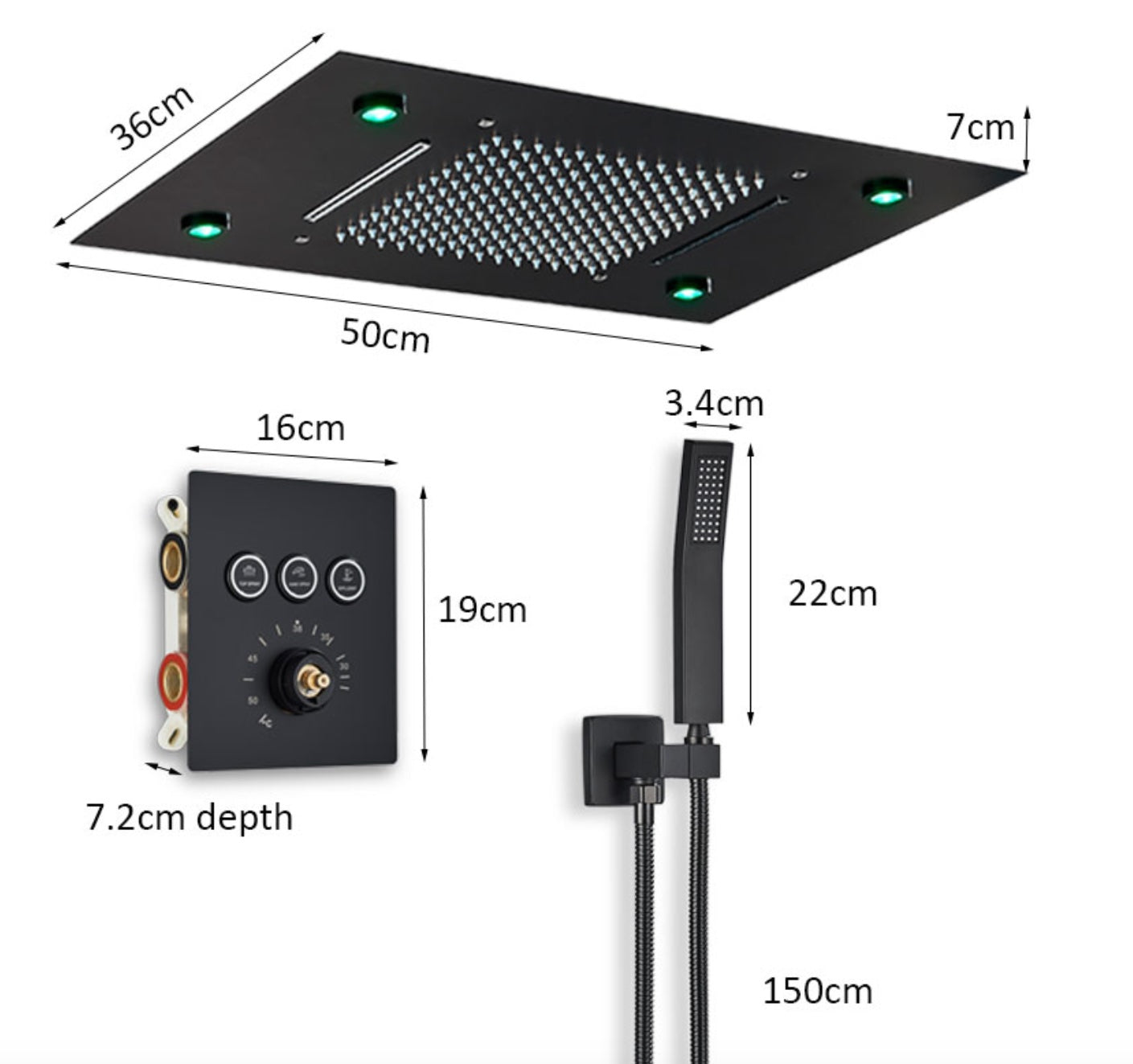 VoordeelPaleis® SmartPulse Plafond Thermostatische Doucheset Alicante 3 weg Inbouw Plafond LED regendouche La Paz Mat Zwart