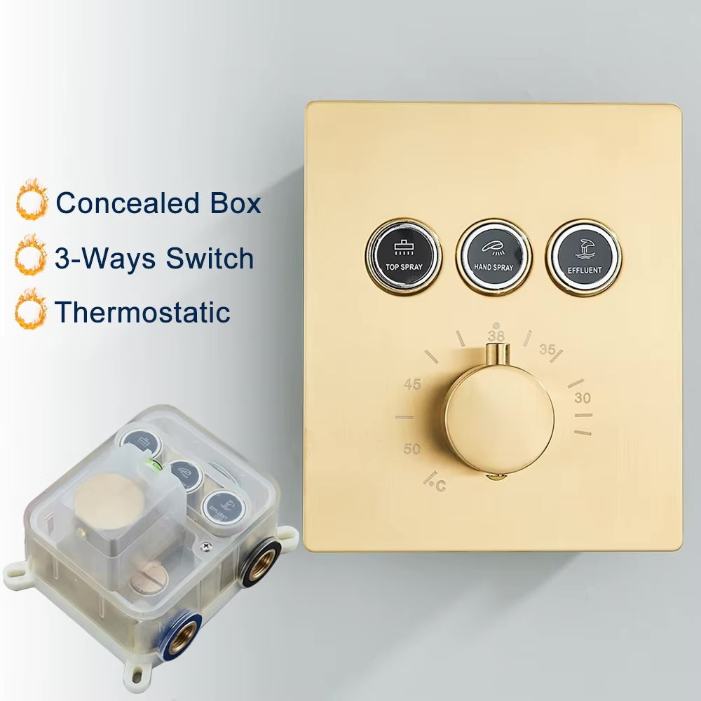 VoordeelPaleis® SmartPulse Plafond Thermostatische Komplete Doucheset Alicante 3 weg Inbouw Plafond LED regendouche La Paz Goud Geborsteld