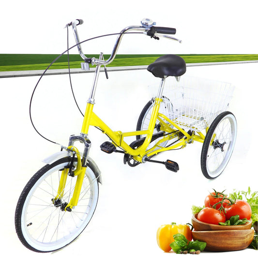 20 inch Opvouwbare Driewieler – Geel – Enkelvoudige Versnelling – 110kg Draagkracht – Met Mand & Bel – Voor Volwassenen & Senioren