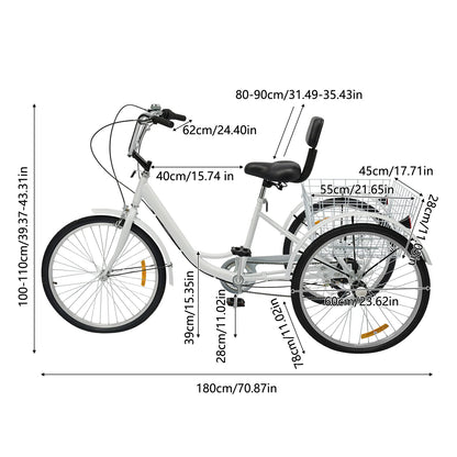 24 Inch Driewieler voor Volwassenen – 6 Versnellingen | Met Mand & Rugleuning | Comfortabel & Veilig