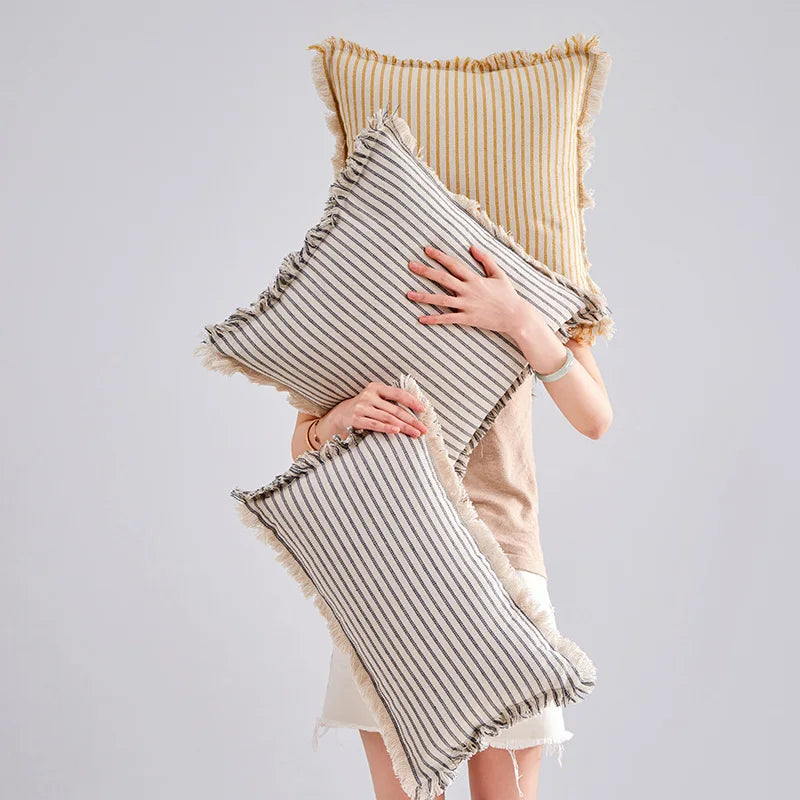 Elegante Kussenhoes met Jacquardpatroon en Franjes - Katoen-Linnenmix