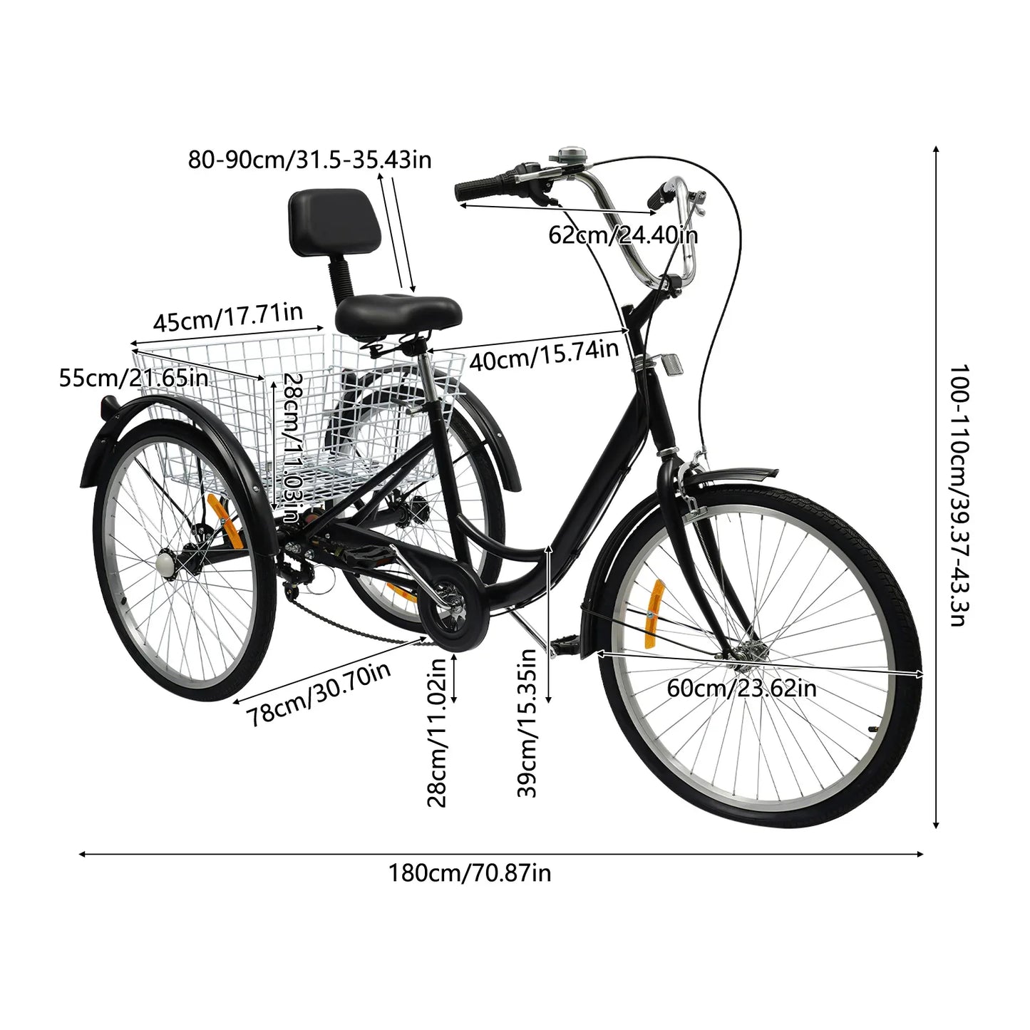 24 Inch Driewieler voor Volwassenen – 6 Versnellingen | Met Mand & Rugleuning | Comfortabel & Veilig