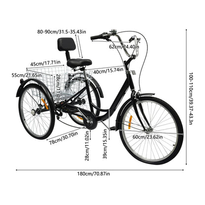 24 Inch Driewieler voor Volwassenen – 6 Versnellingen | Met Mand & Rugleuning | Comfortabel & Veilig