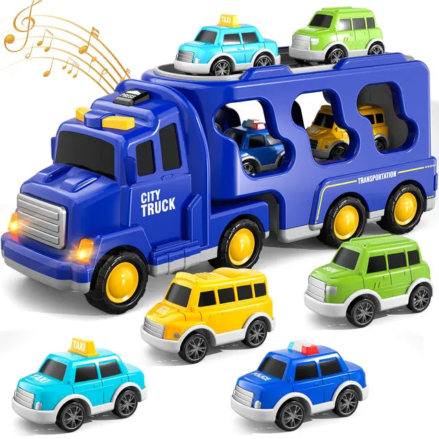Dubbellaagse Vrachtwagen Speelset met Mini Voertuigen en Muziekfunctie - Voor Kinderen vanaf 3 Jaar